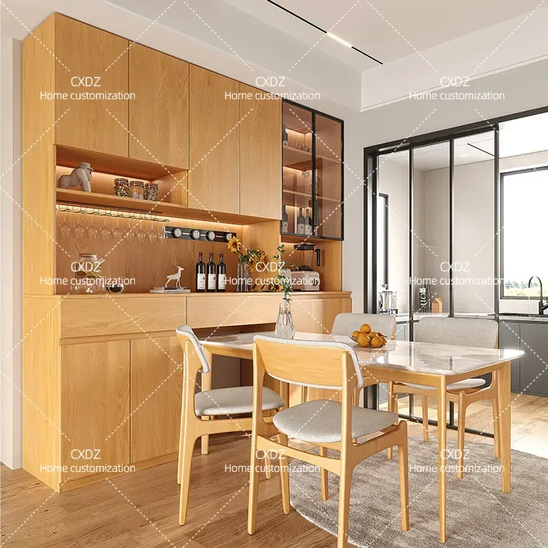 Oak Solid Wood Living Room Dining Side Cabinet Integrated Whole Wall Glass Door Locker Embedded Glass Bowl Small Household