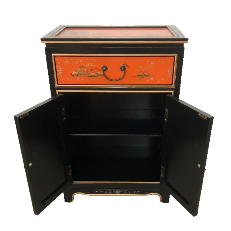 Artu Supreme American Chinese Style One Bucket Two Door Cabinet Painted Furniture Hand Painted Landscape Cabinet Hermès Orange H