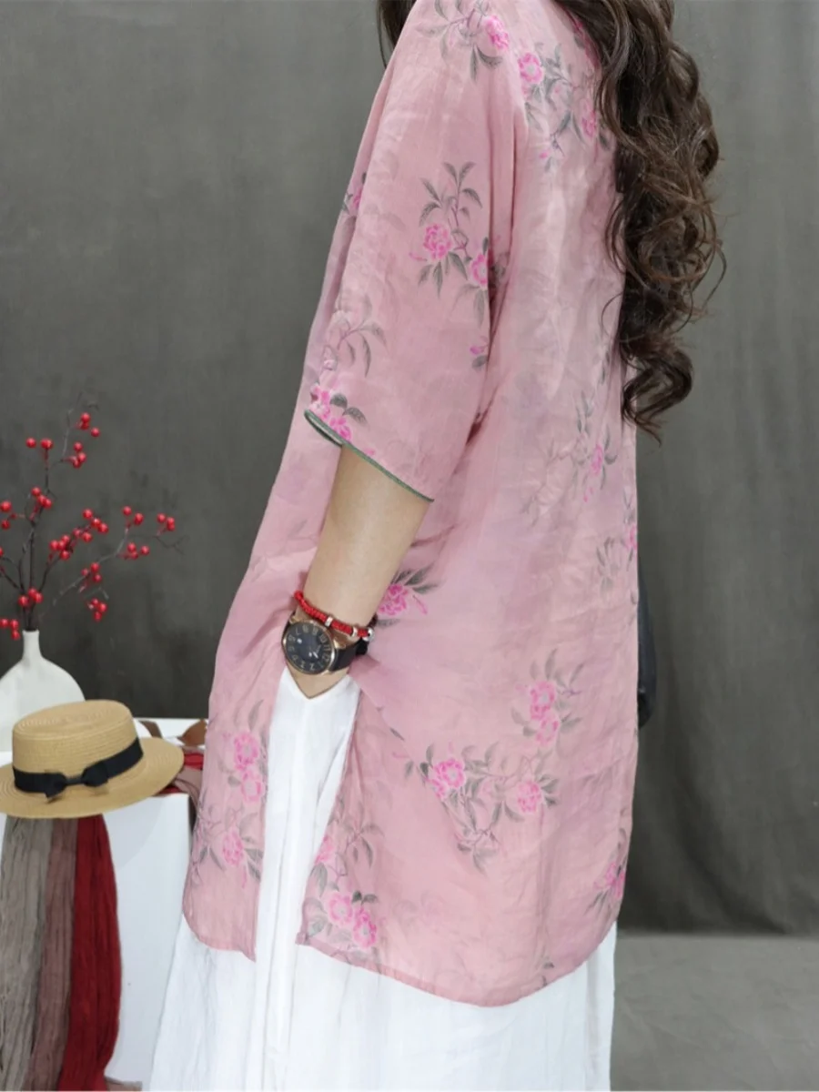 Retro cinese Sle Stampa in seta a cinque quarti Sve irt Colletto alla coreana da donna di grandi dimensioni Bottoni di media lunghezza con spacco Flor...