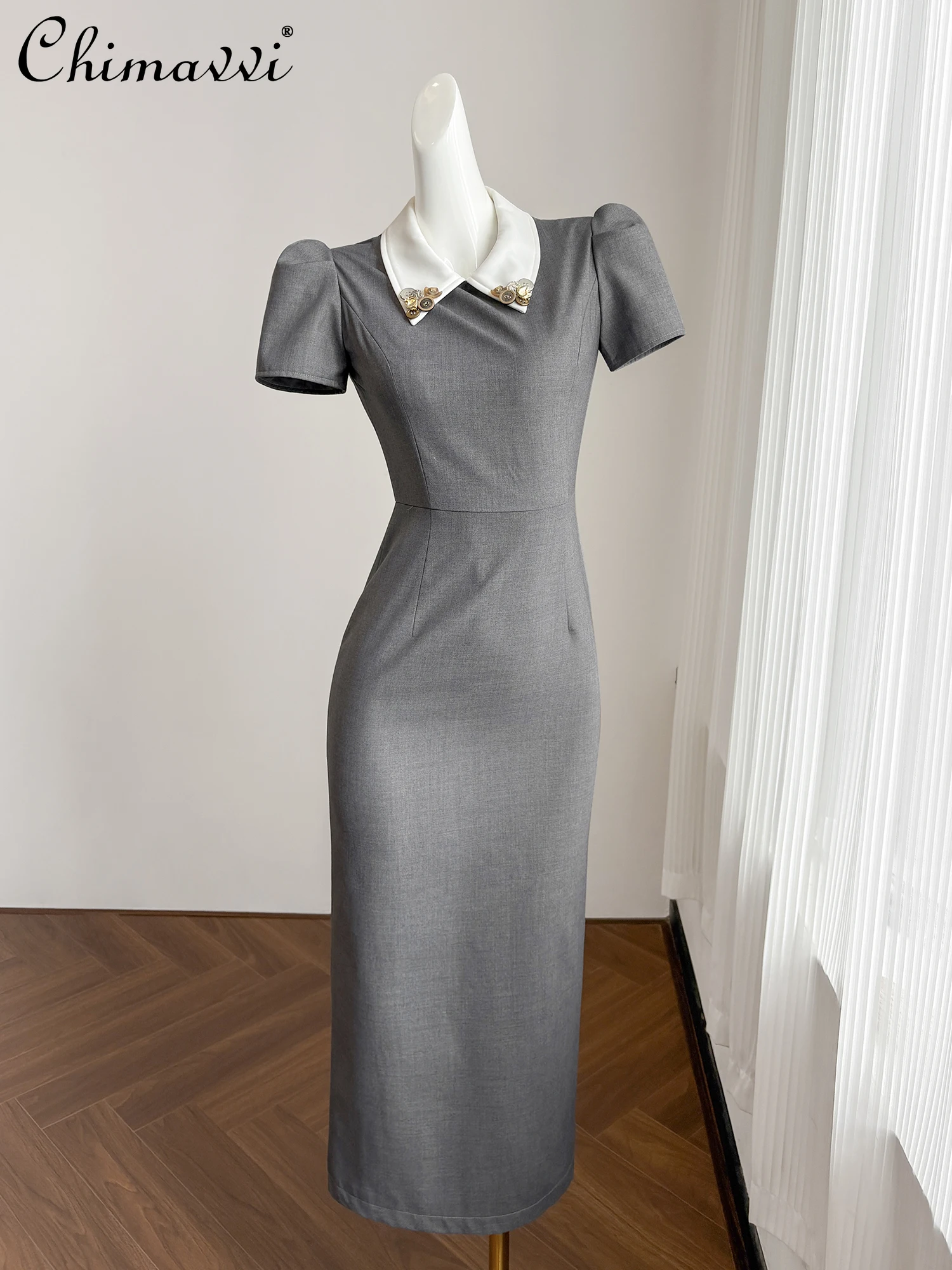 

French Elegant Retro Simple Commuter Gray Dresses Summer Button Polo Collar Puff Sleeve High Waist Slim Long Evening Dress Women