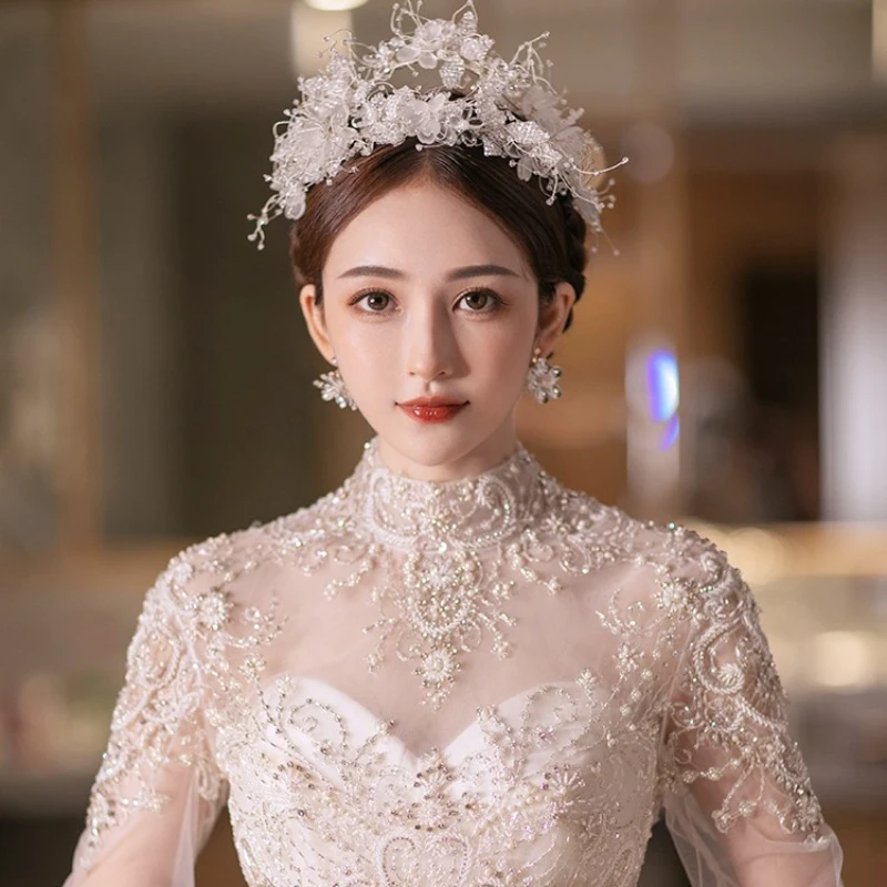 Korean Style Bridal Headwear Double Headband Handmade Pearl Flower Fashion Crown