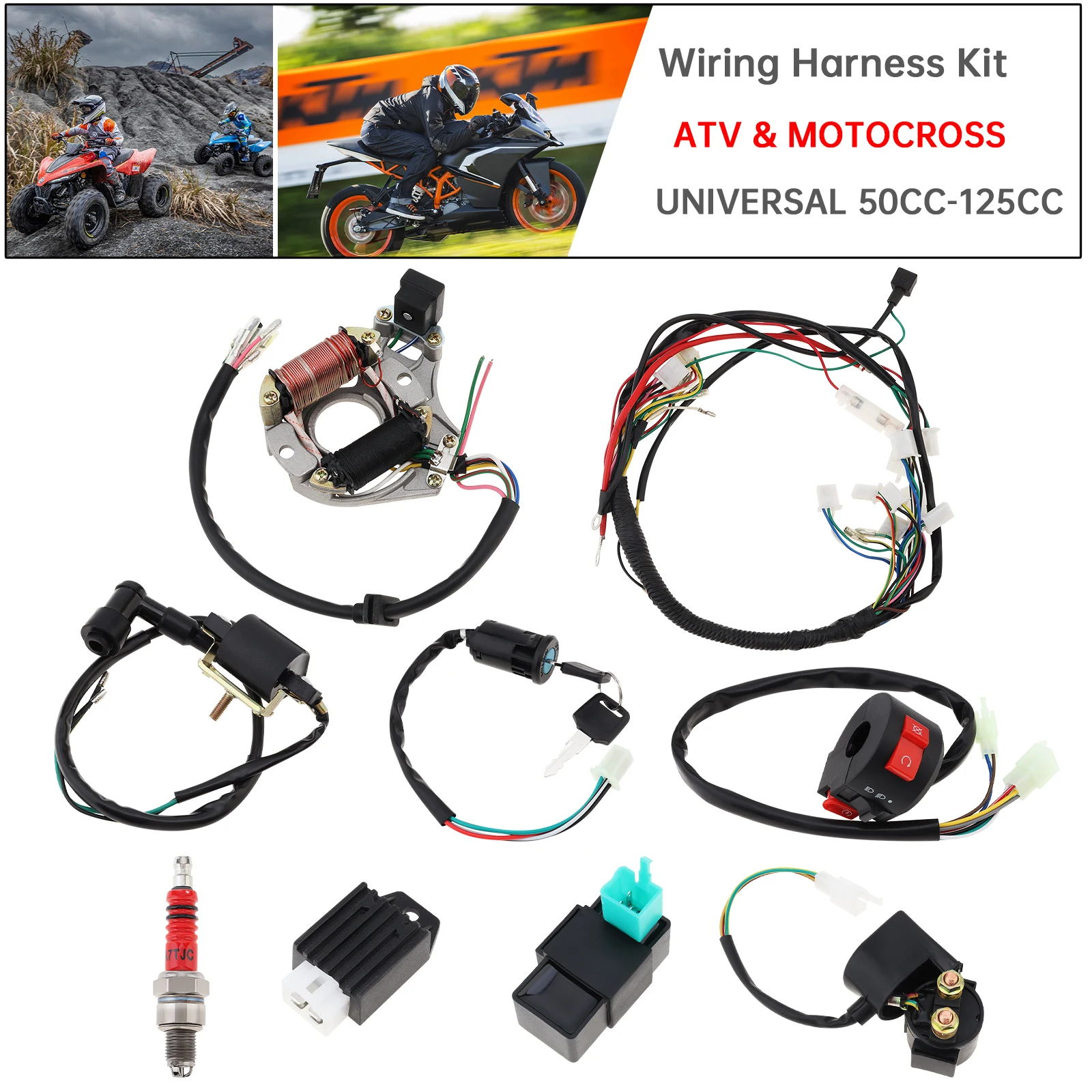 Motorcycle Ignition Coil CDI Solenoid Relay Wiring Harness for 4 Stroke 50cc 70cc 110cc 125cc ATV 4 Wheeler Quad Pit Dirt Bike