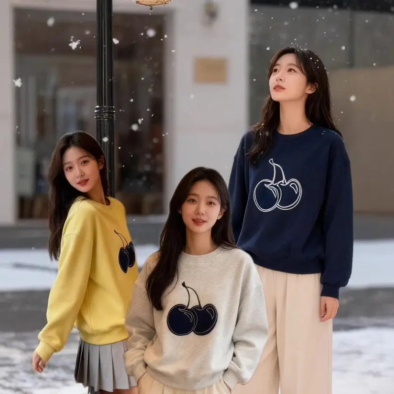 هوديي نسائي دافئ شبابي مرقع صديق للبشرة من قماش الدنيم Fce مستدير Ne صغير الحجم بتصميم الكرز العلوي #1