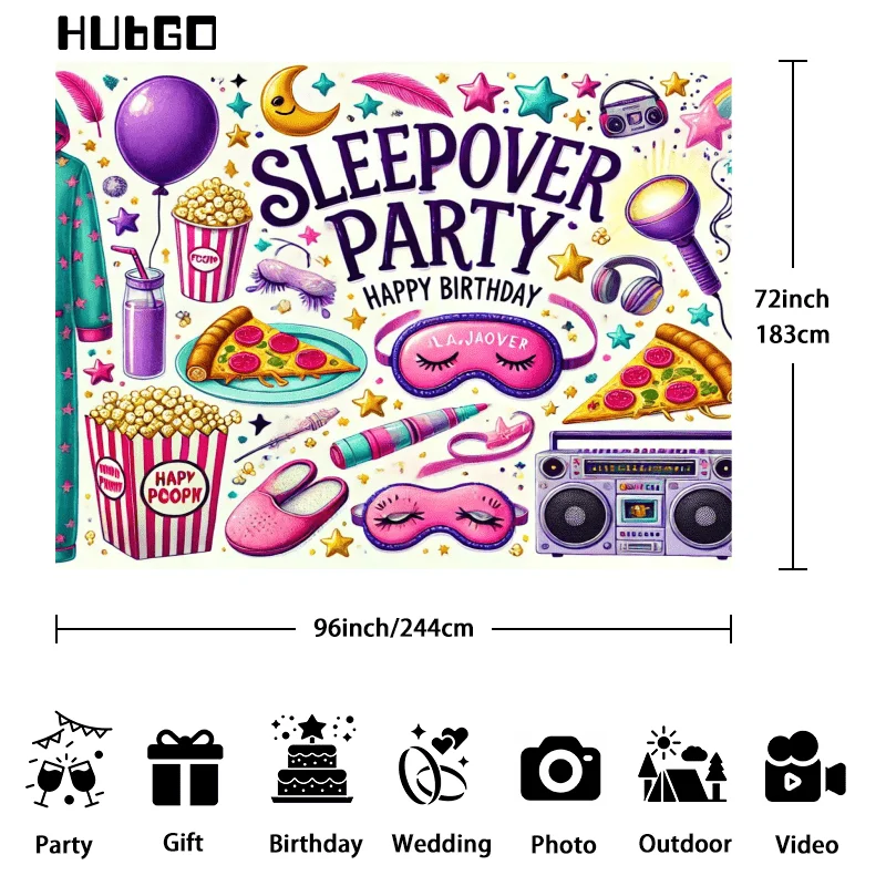 Vibrant Sleepover Party Backdrop with Pajamas & Fun Icons - Durable Polyester, High-Definition Design for Studio & Event Decor