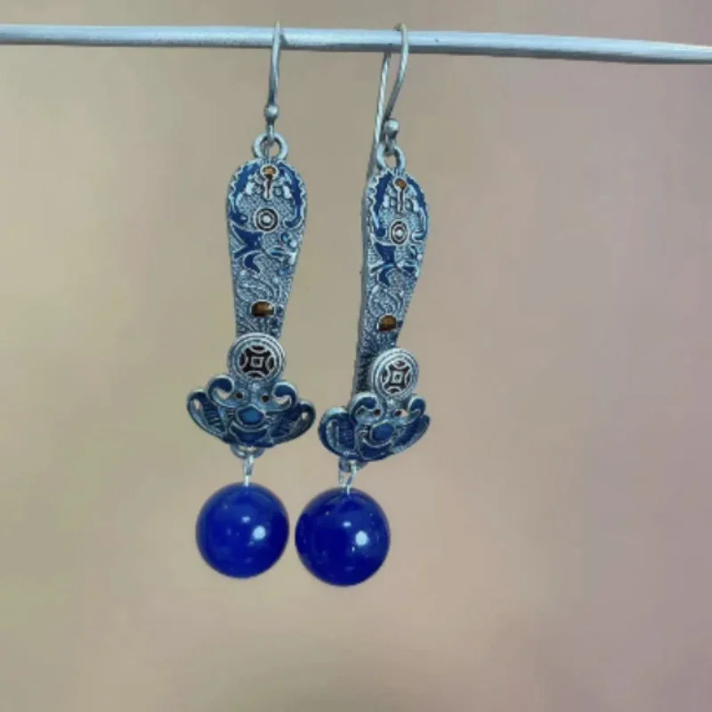 National Style Red Agate Earings 925 Silver Blue Retro Ruyi Lapis Lazuli Earrings for Women Exquisite Banquet Jewelry