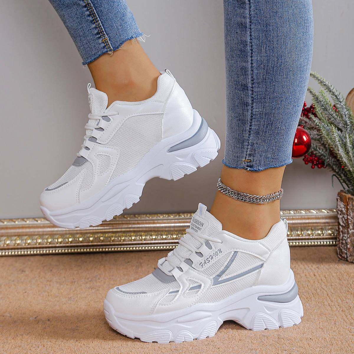 منصة أحذية رياضية للنساء بيضاء كاجوال شبكية قابلة للتنفس أحذية رياضية الارتفاع زيادة الدانتيل يصل ربيع الخريف التنس Feminino #3