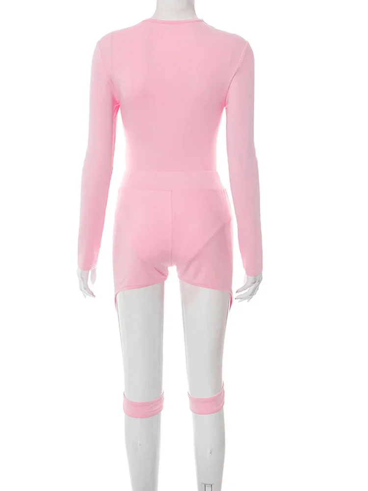 BWQ Sporty สีชมพู Co Ords ชุดผู้หญิงตัดออกบอดี้สูทด้านบนและกางเกงขาสั้นชุด 2 ชิ้นชุด Night Out Overalls Clubwear 2025