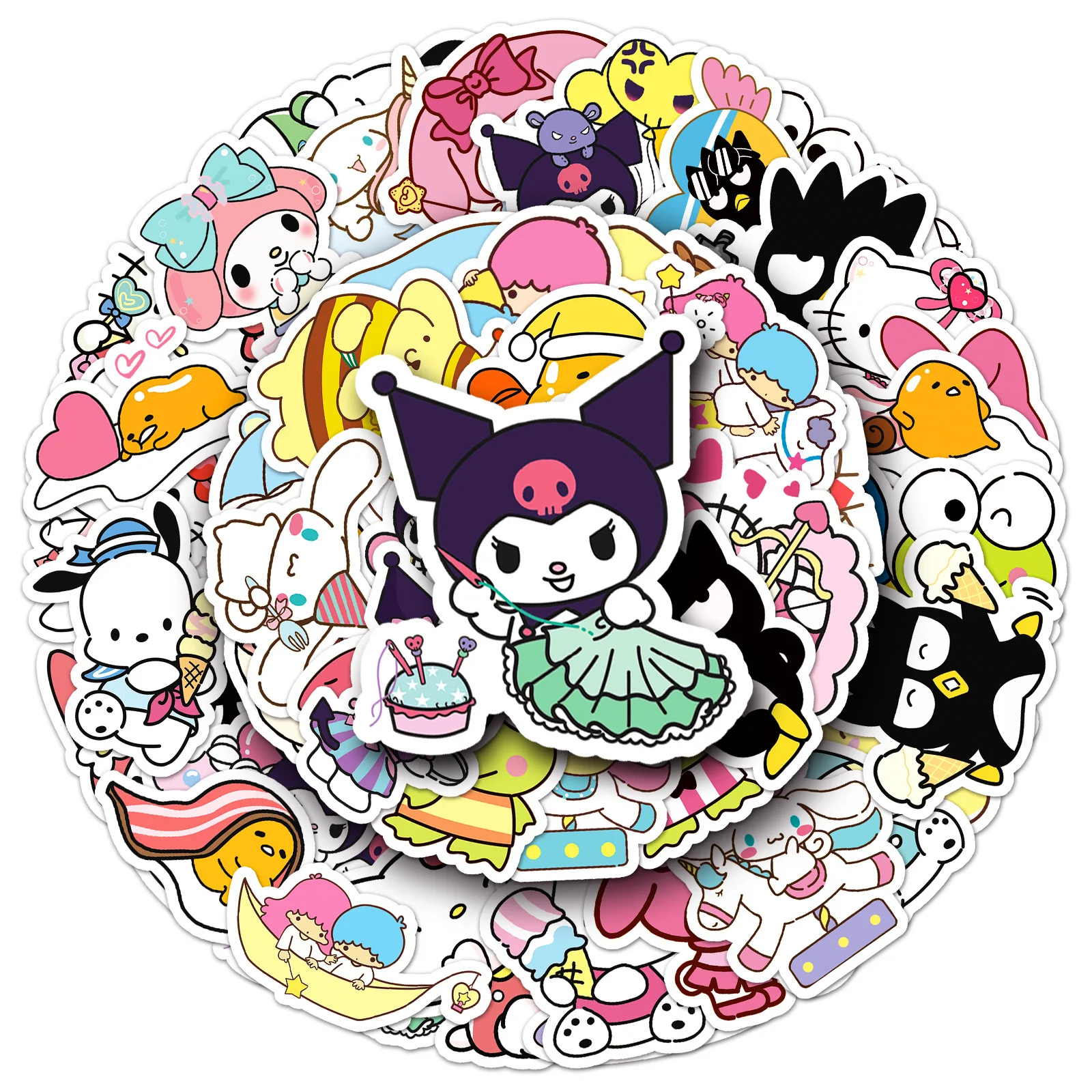 2024 New Variety of 50pcs Sanrio Family Cute Hello Kitty Kuromi Cinnamoroll Melody Children\'s DIY Bright Film Waterproof Sticker