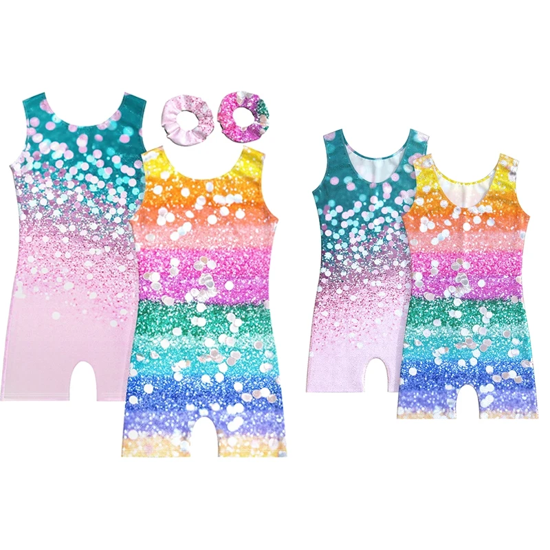 Gymnastics Leotards for Girls Two-Piece Shiny Sleeveless Biketards Activewear With Hairband for gymnastic performance