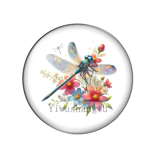 Naughty lovely colorful dragonfly flowers Patterns 12mm/18mm/20mm/25mm Round photo glass cabochon demo flat back Making findings