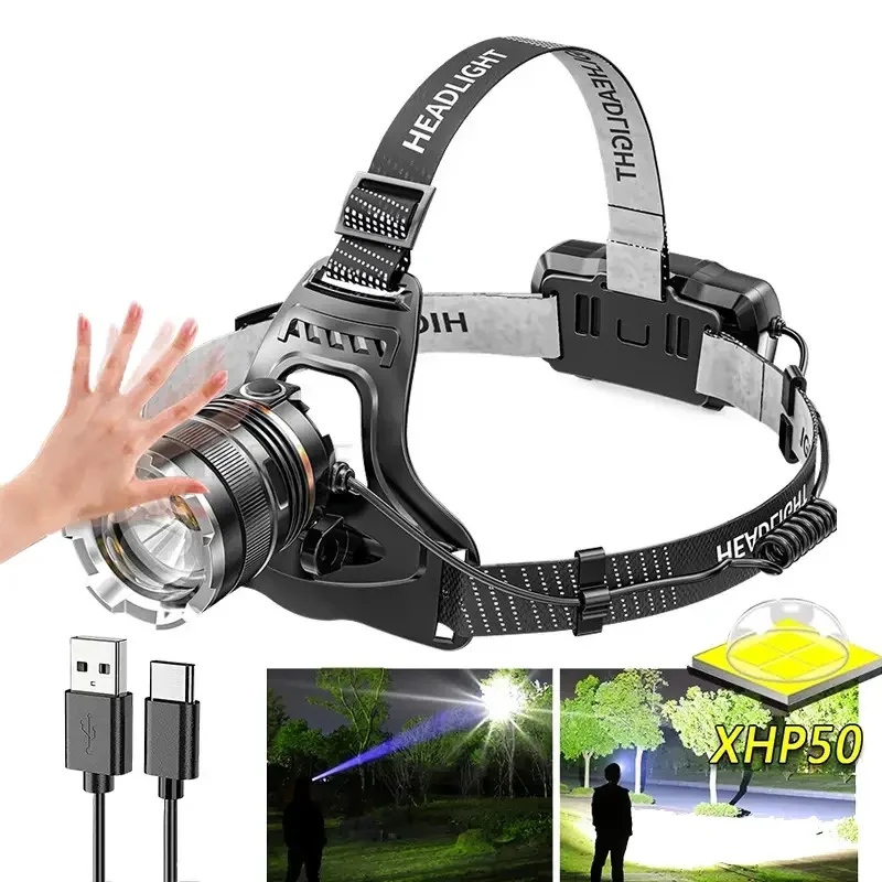 Strong LED Rechargeable Ultra Bright Induction Zoom Head Mounted Flashlight Waterproof Outdoor Camping Hiking Headlight
