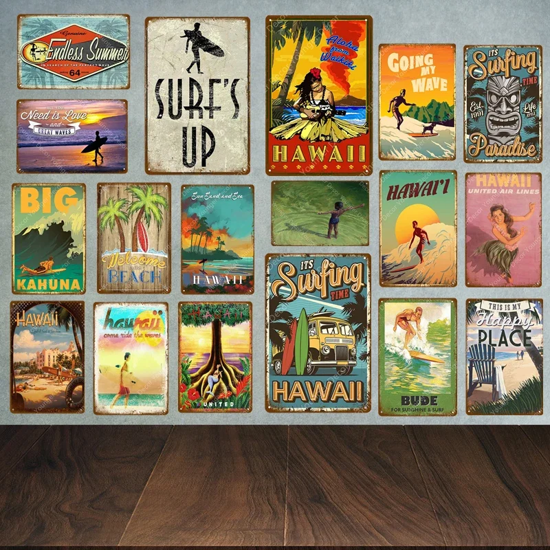 Vintage Hawaii Surfs Up Beach Willkommen Metall Blechschild Ozean Poster für Café Bar Outdoor Dekor Home Wanddekoration