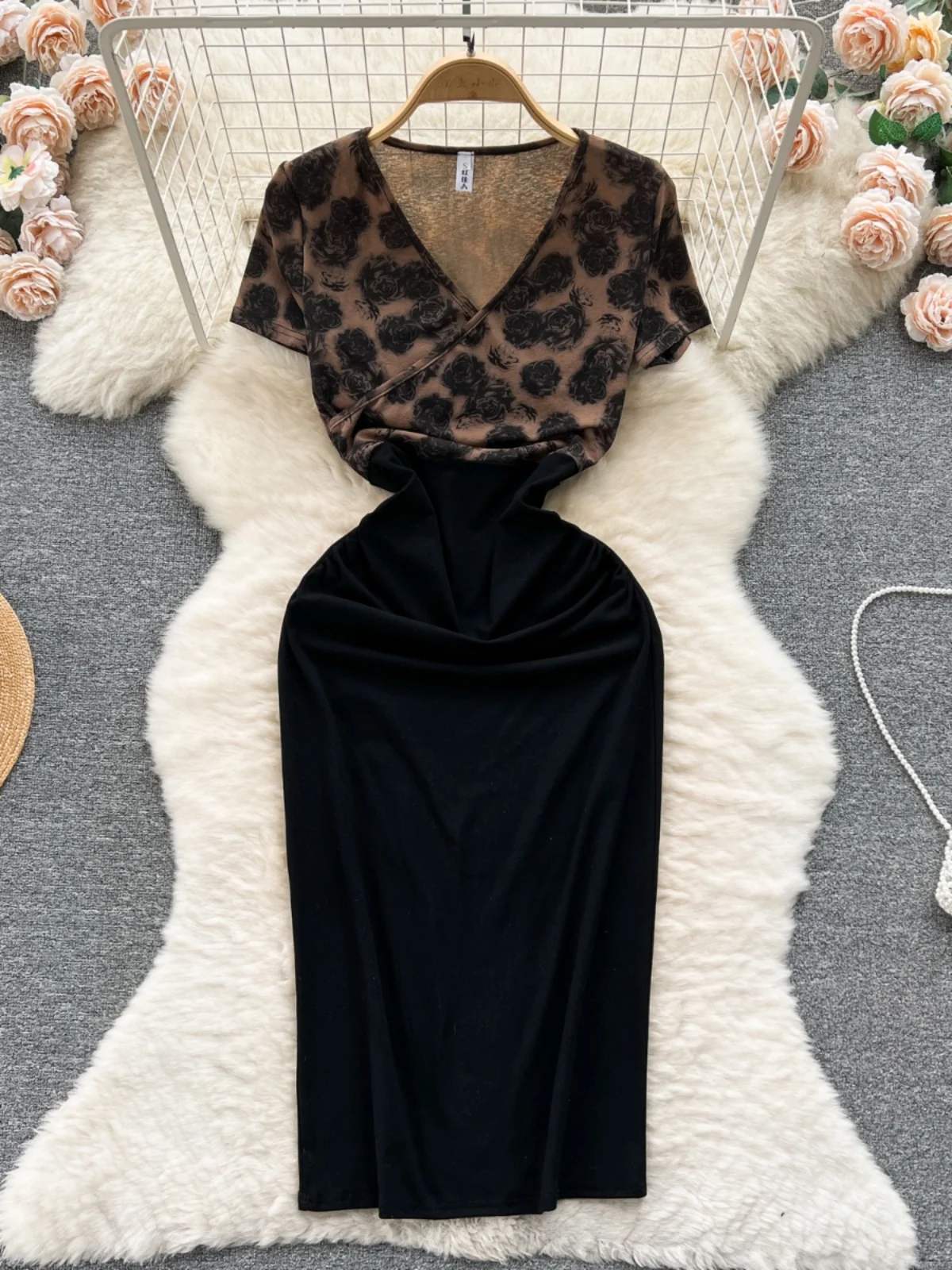 

Женское винтажное платье с цветочным принтом, коротким рукавом и высокой талией