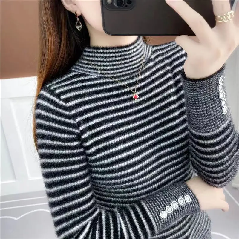 

Women Clothes Slim All-match Youth Fashion Knitting Pullovers Autumn Winter Long Sleeve Striped Vintage Sweaters Harajuku Casual