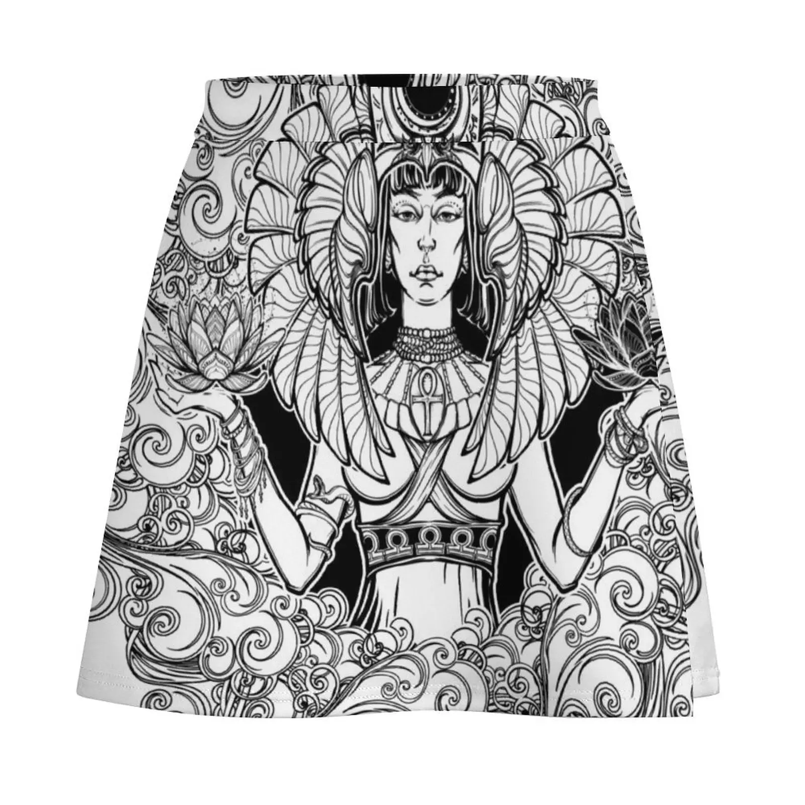 Zodiac sign Libra. Egyptian goddess Isis balancing in hands black and white lotus as a symbol of equilibrium. Decorat Mini Skirt