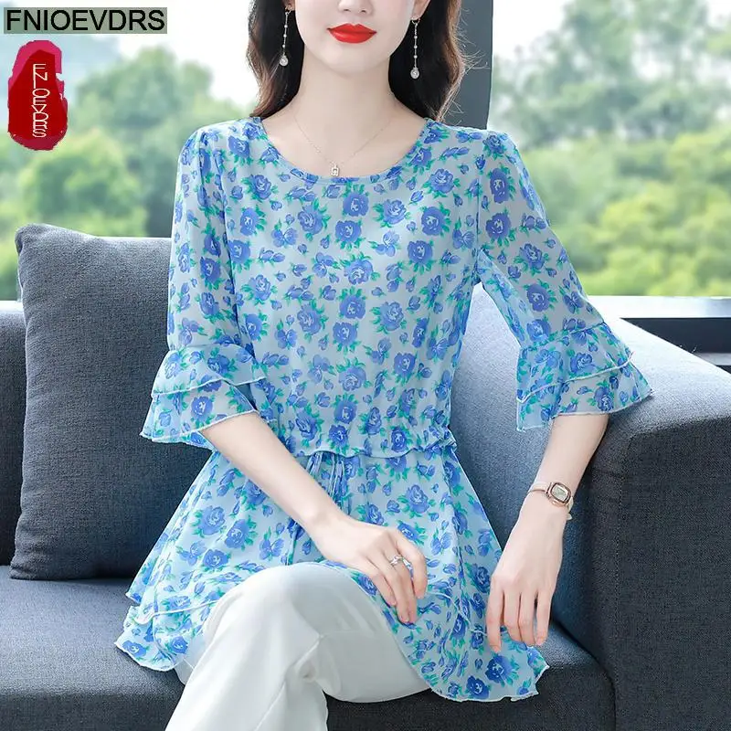 S-4XL Loose Clothes 2023 Women Summer Short Sleeve Elegant Ruffles Shirts Casual Chiffon Floral Tunic Peplum Tops And Blouses