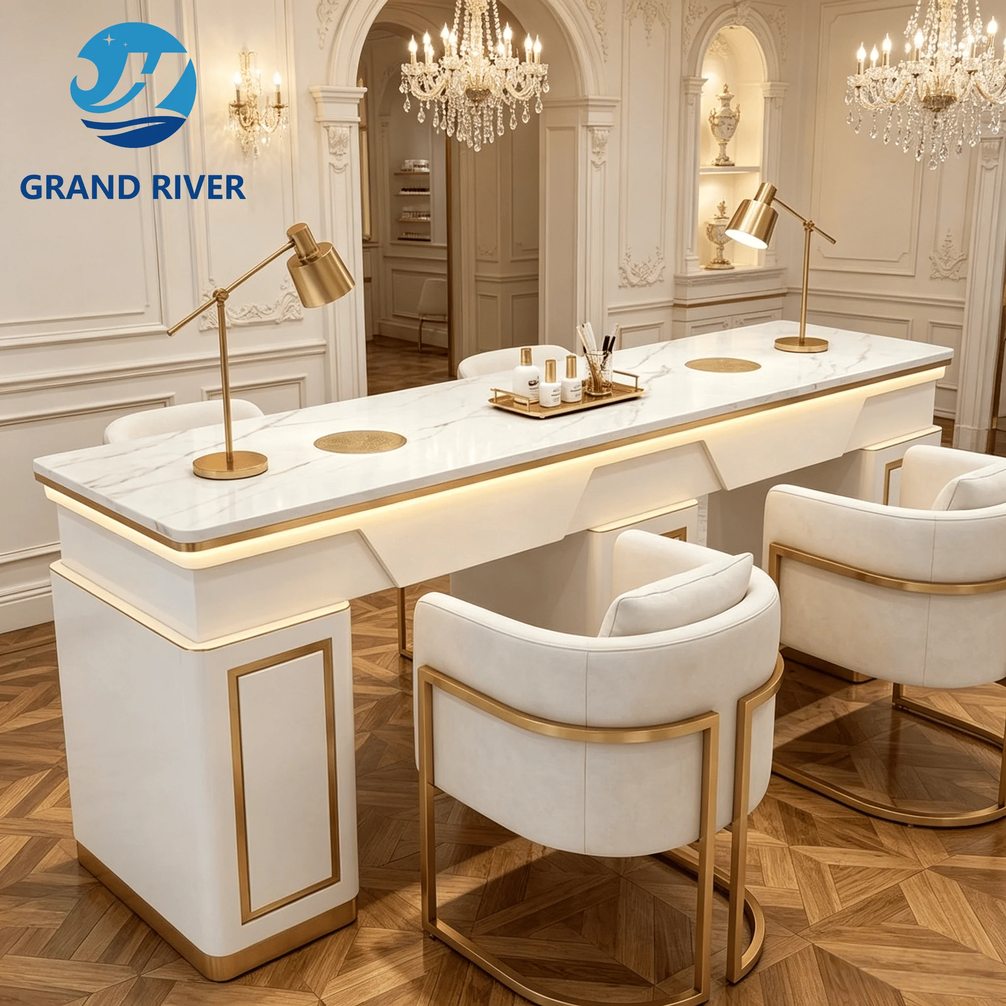 Nail Table Manicure Table And Chair Set Luxury Beauty Salon Manicure Table With Dust Collector Nail Tech Desk Lamp Nail Station