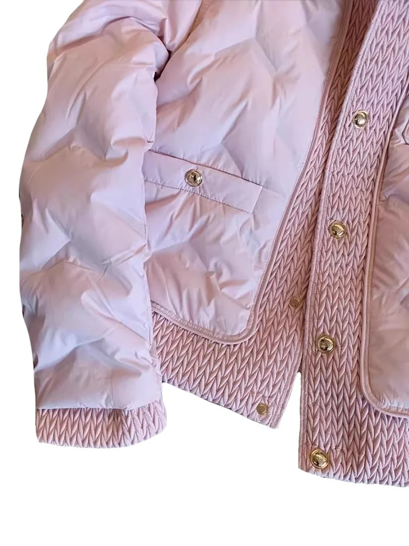 Pink Sweet Anti-Aging Small Fraance Sle  Collar Cotton Jaet ort Faionable Autumn Winter Women's Cotton Coat
