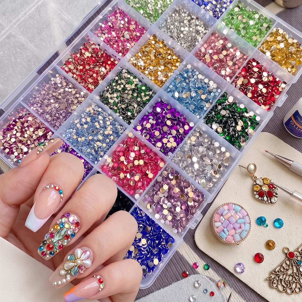 24Grids Mixed Mini Colorful Nail Rhinestone Charms Red White Semi‑Circular Flat‑Back Crystal Gems DIY Phone Case Fuse Bead Craft