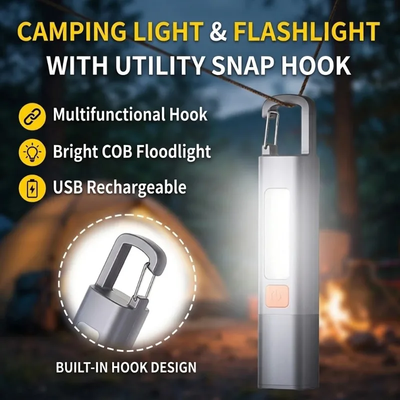 Portable LED Camping Light USB Rechargeable Hanging Lantern Hook Design Work Flashlight For Outdoor Tent Fishing Emergency