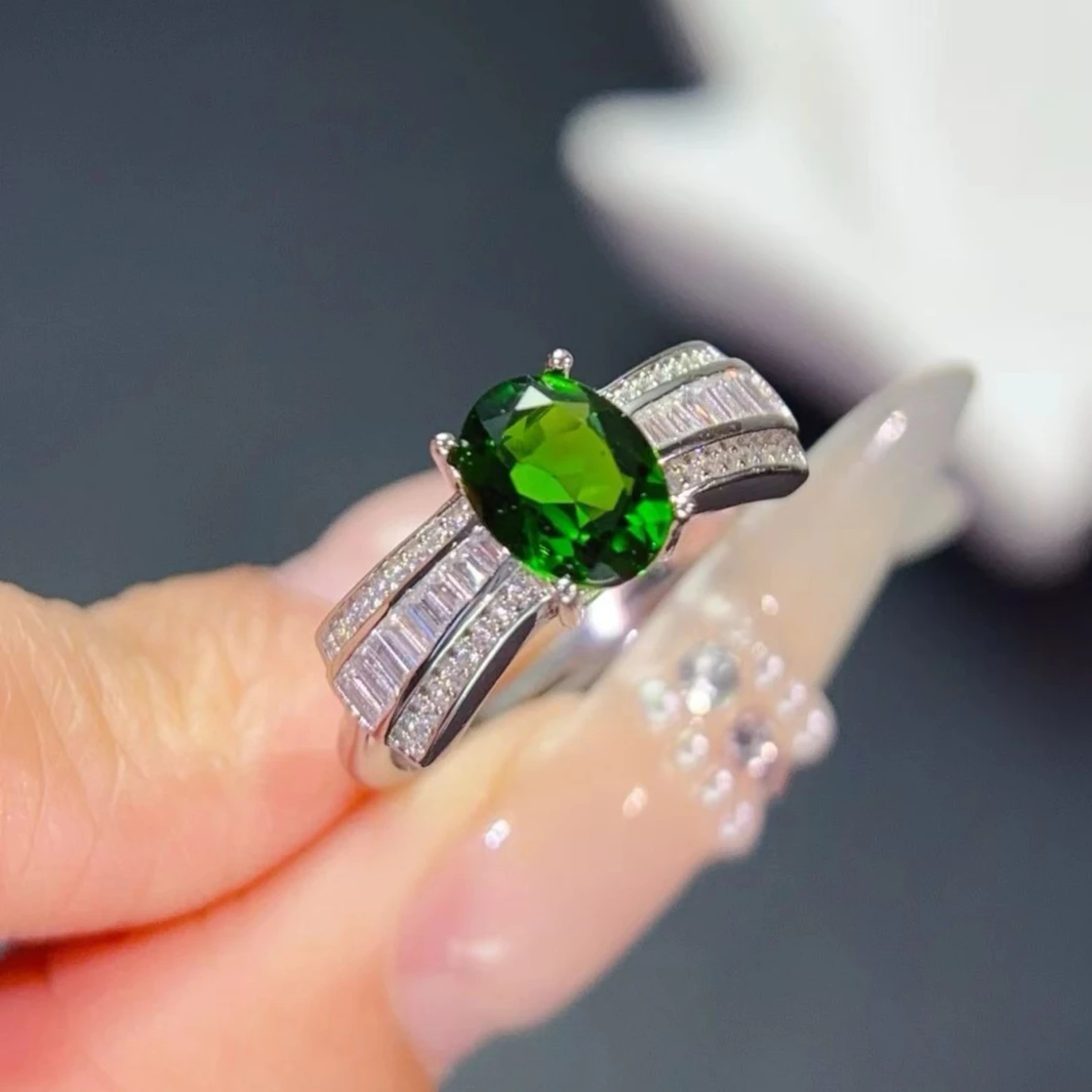 

Classic Silver Diopside Ring 6mm * 8mm 1ct Natural Diopside Ring with certificate real 925 Silver gemstone Jewelry