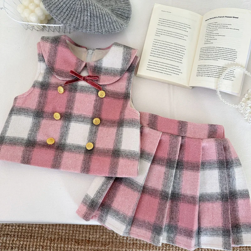 

Children's New Winter Set for Girls Trendy Plaid Wool Vest+Short Skirt Half Skirt Refreshing Two-Piece Set Trendy