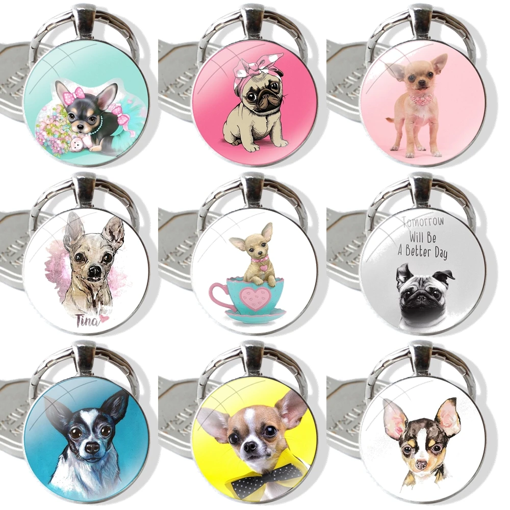 Chihuahua Dog Puppy pug Keychain Handmade Glass Cabochon Key Ring Holder Pendant Key Chains