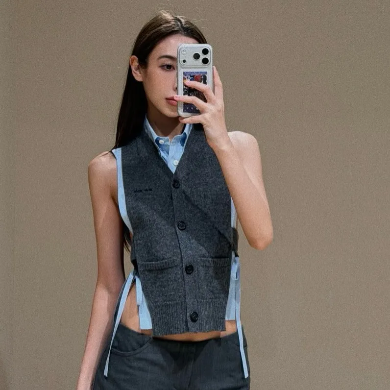 

2026 Spring New Women Fake Two Piece Knitted Top Slim Fit All Match Casual Tee