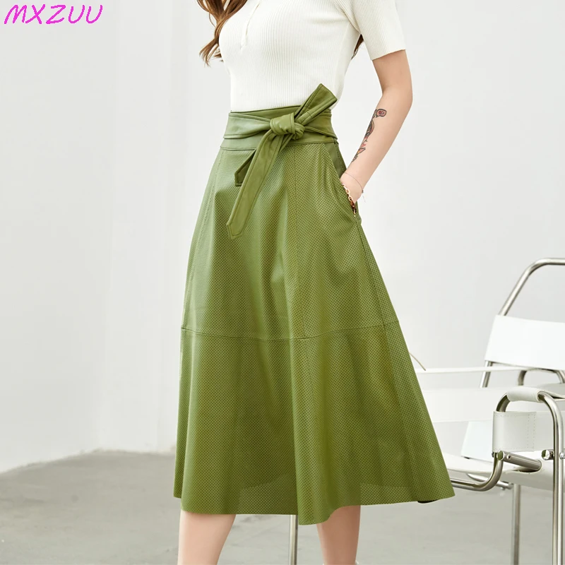 

2024 Harajuku Skirts Woman Fashion Spring Fall Sheepskin Belt Pocket Perforated Falda Midi Mujer Hollow Out A-line Umbrella Saia