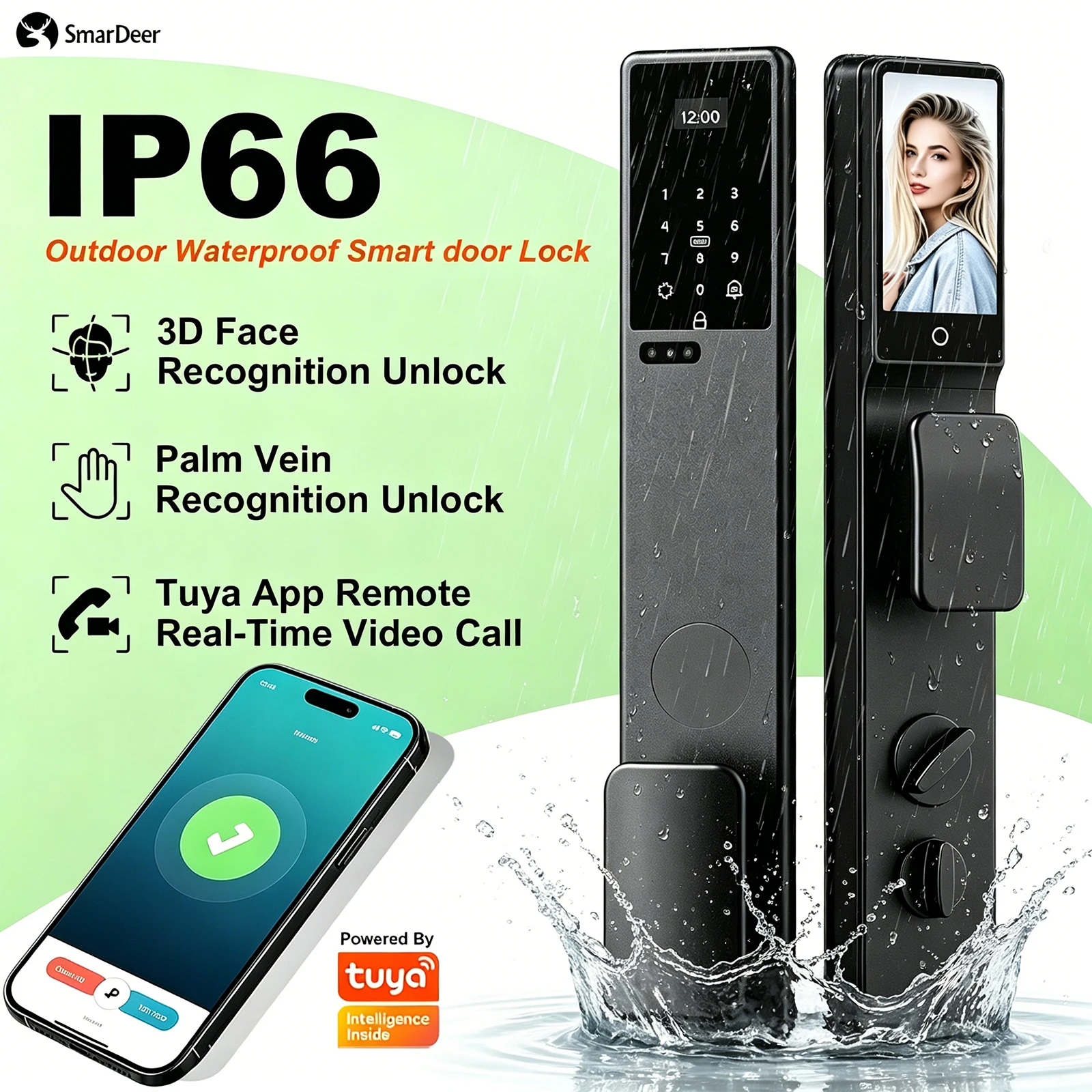 SmarDeer Keyless Smart Lock IP66 Waterproof 3D Face & Palm Vein Recognition Tuya App Remote Video Call Front Door Security Elect