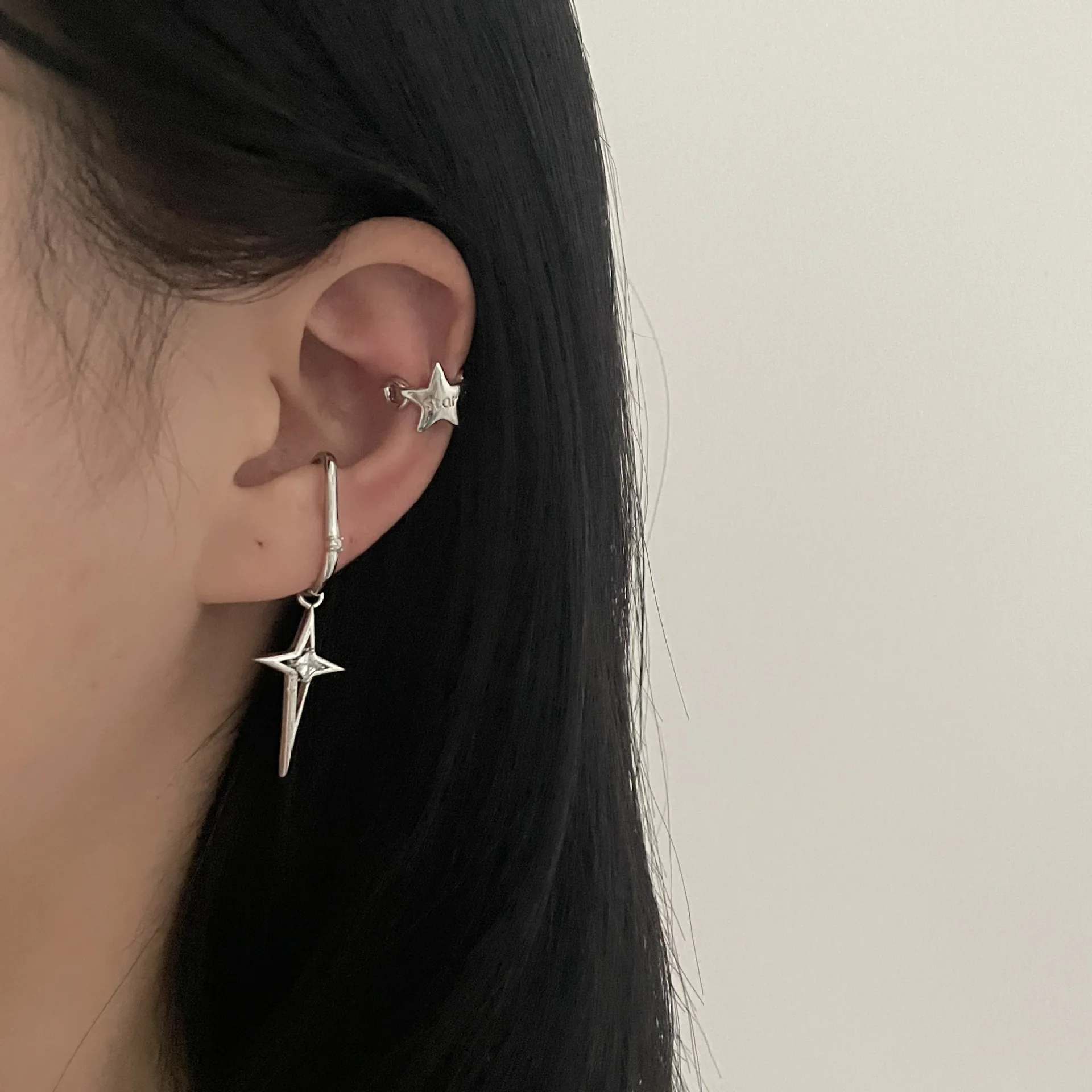 New Style Four Awn Star Silver Clip Simple No Hole Bone Clip Sweet Cool Spice Wind Rings Free Shipping