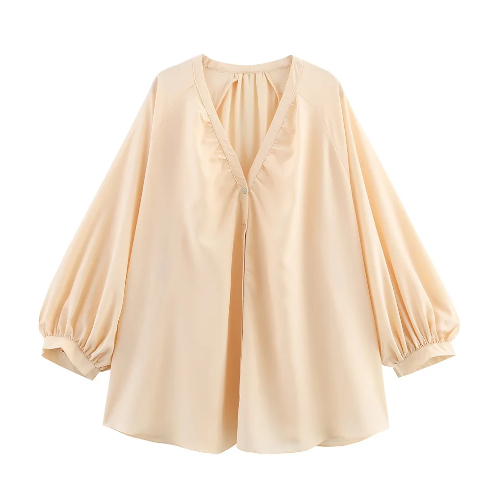 

Women's new fashion design with loose and versatile V-neck long sleeved shirt