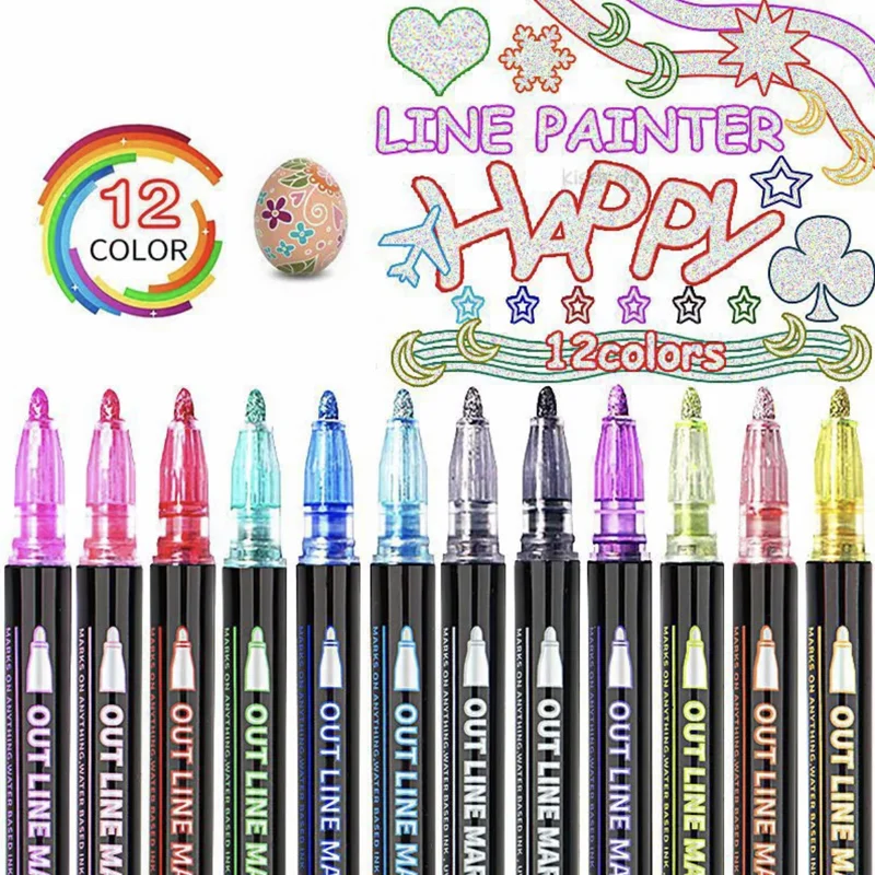 Double line outline pen color dream metal 8/12/24 color suit hand account fluorescent pen greeting card pen children's graffiti