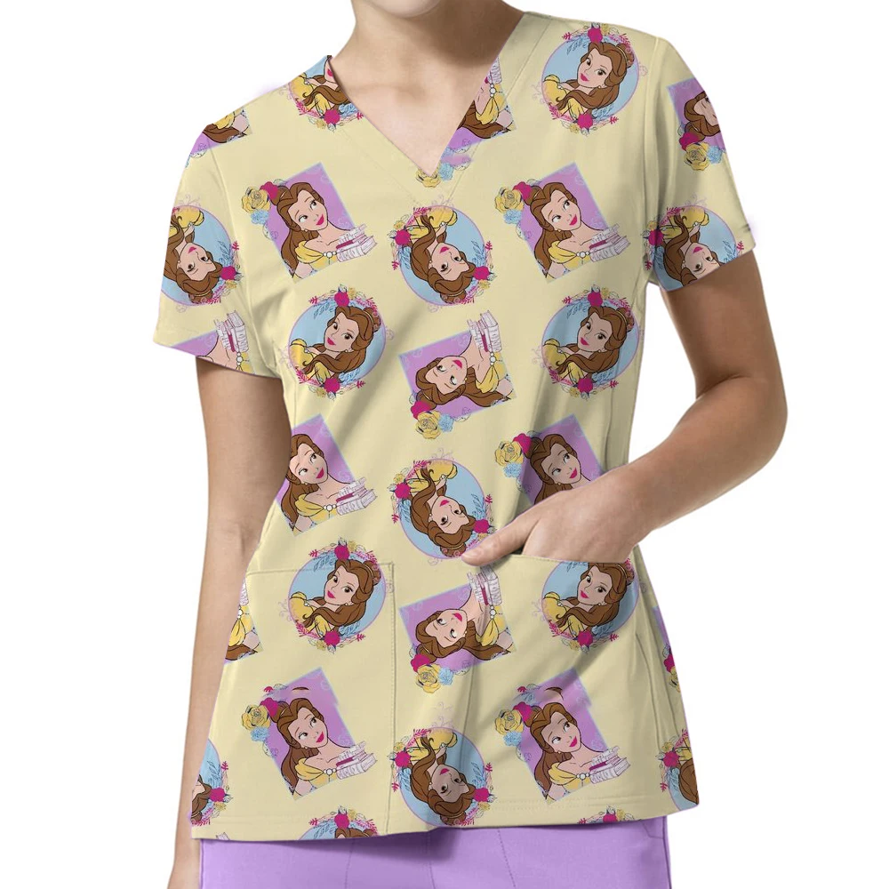 

Women Working Uniform Disney Princess Print Frozen Elsa Short Sleeve V-neck Tops Femme Blouse Nurse work wear Medical Uniforms