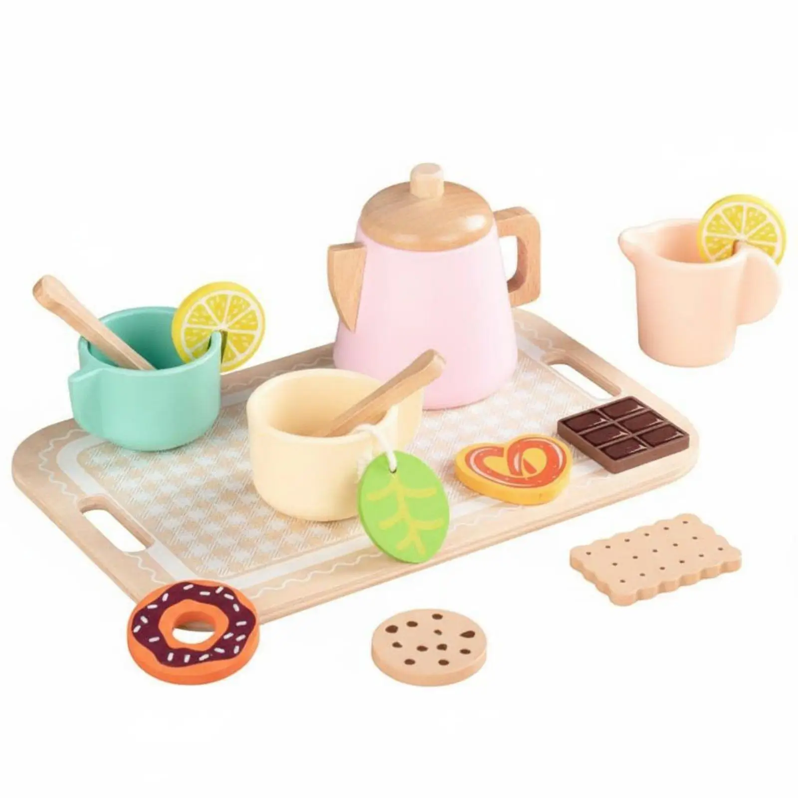 Pretend Play Wooden Tea Set for Kids Fabric Toy Miniature Table Dollhouse Furniture Interactive Kitchen Accessories with Teapot