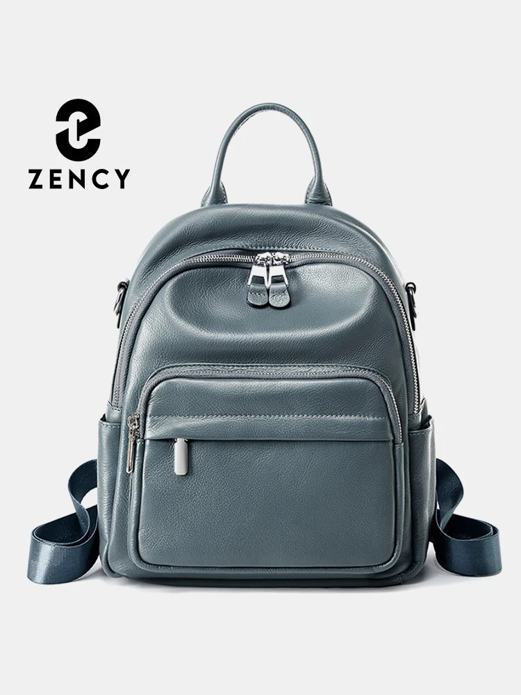 Zency Grey Blue Black Genuine Leather Women Backpack 2024 Lady Large Capacity Travel Backpack Female Knapsack Shoulder Bag