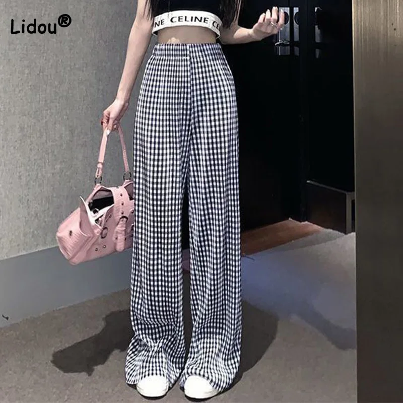 

Preppy Style Female Plaid Printing Loose Straight Trousers Korean Crimp Elastic High Waist Spring Summer Casual Mop Pants Lady