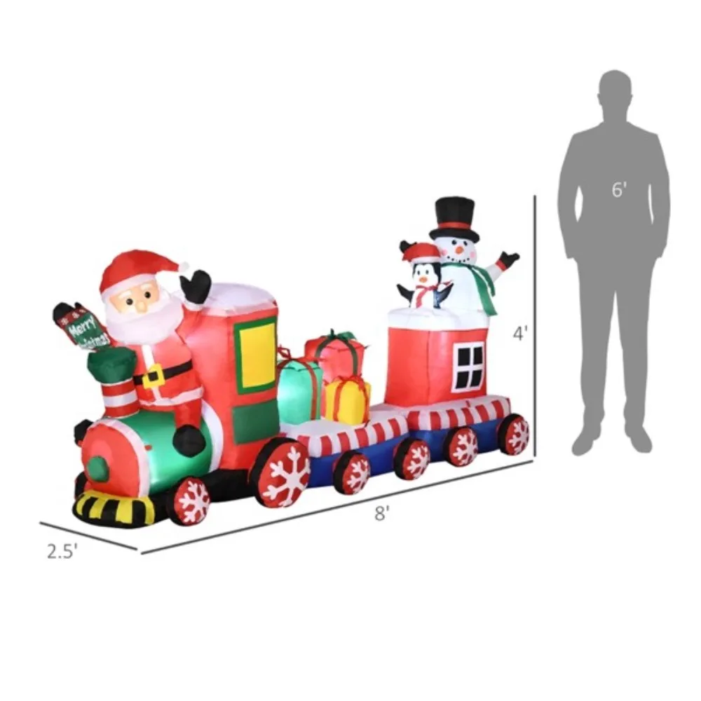 Santa Claus, Snowman and Penguin carry gift boxes on train inflatables, putting together a cohesive Christmas display LED lights