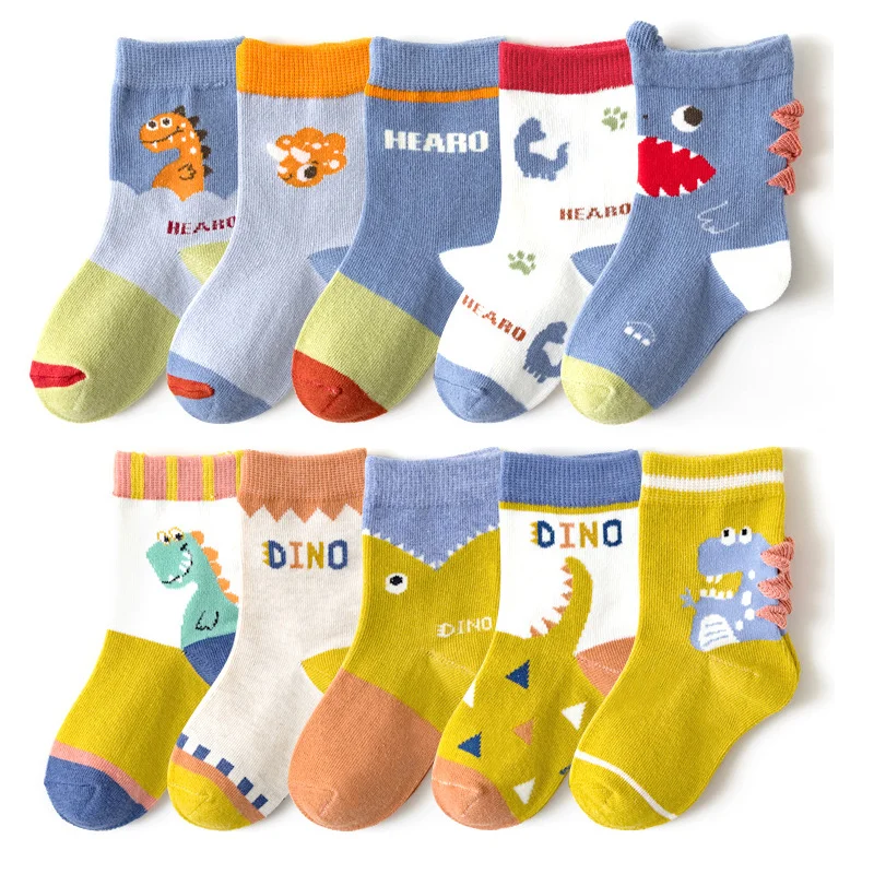 1/5 pairs Kids Socks for Boys 2026 New Children Casual Cartoon Dinosaur Print Ankle Short Breathable Cotton Toddler Socks Sets