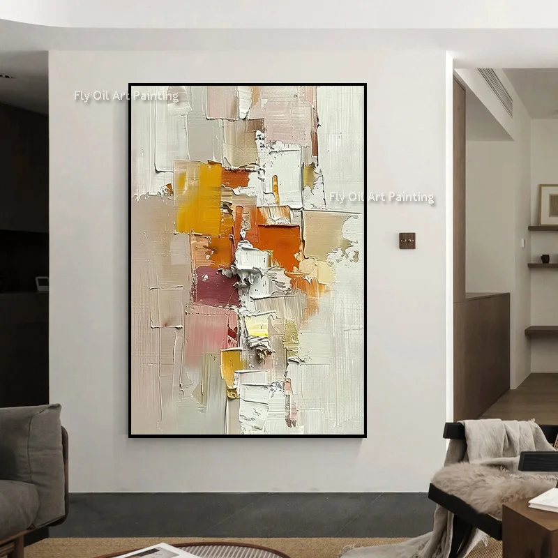 Thick Layered Textured Wall Art, Hand‑Crafted Oil Canvas, Orange Beige Neutral Contemporary Living Room Statement Piece