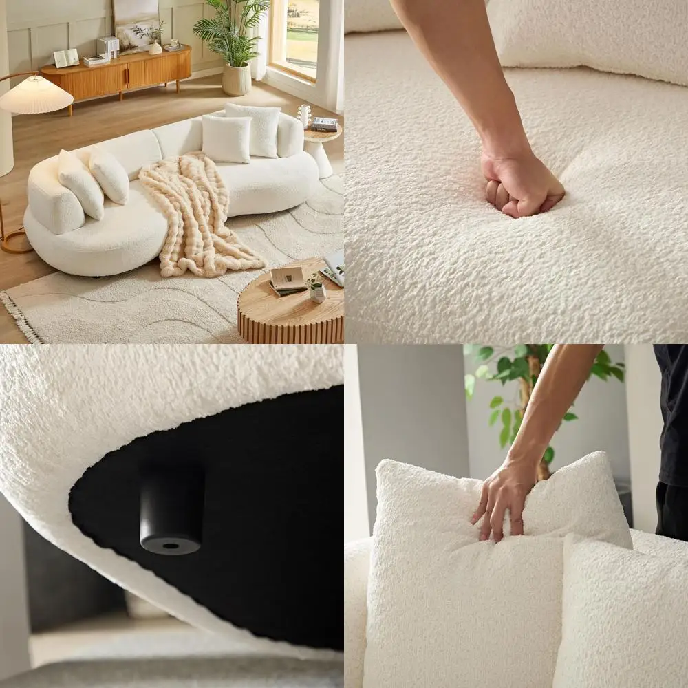 أريكة مقطعية منحنية معاصرة بأربعة مقاعد من قماش Boucle مع وسائد وأرجل خشبية لمقعد غرفة المعيشة الحديثة #1