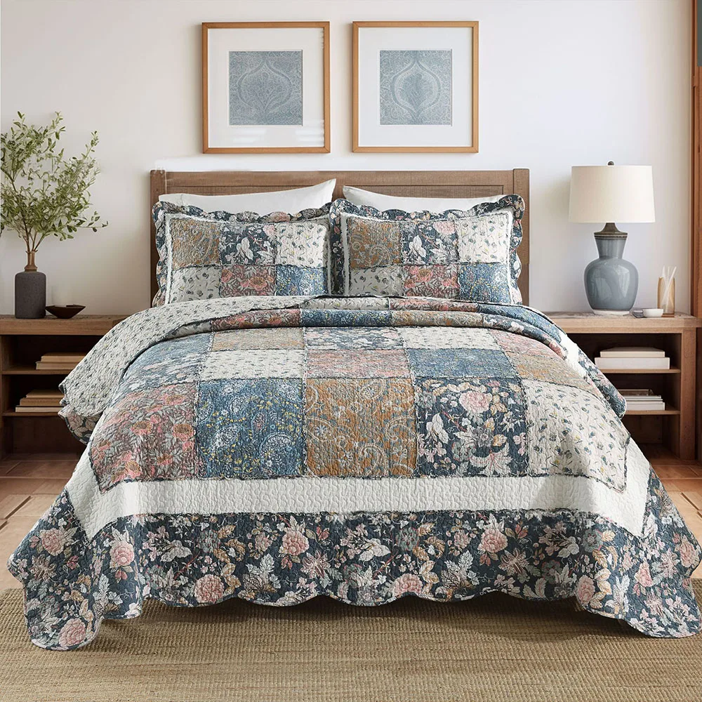 Vintage Patchwork 3-Piece Quilt Set - 100% Cotton Summer Quilted Bedspread, Lightweight Comforter & Bed Sheet for Home Decor