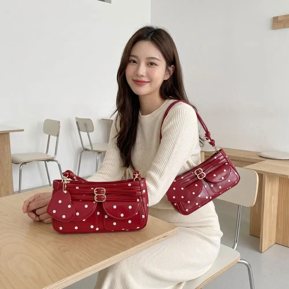 Versatile Adjustable Strap Polka Dot Shoulder Bag Buckle Zipper Closure Square Underarm Bag PU Heart Pendant Small Bag Dating
