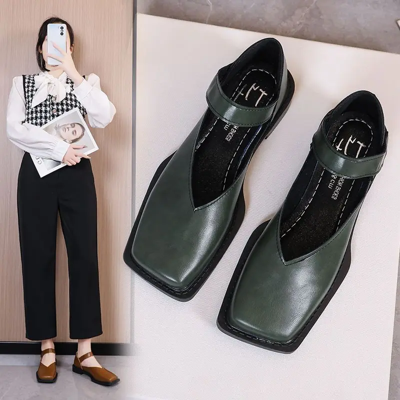 Normal Leather Casual Square Toe White Office Shoes for Women 2024 Ladies Summer Footwear Low Heel Elegant Chic Point Popular E