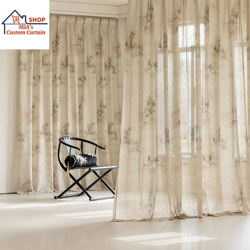 Tulle Cross-border New Chinese Style Ink Branch Printed Window Screen Freehand Branches Curtains for Living Dining Room Bedroom