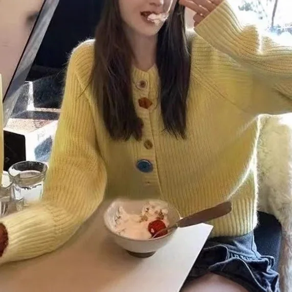 여성용 캐주얼 기본 긴팔 가디건 가을 빈티지 니트웨어 탑스