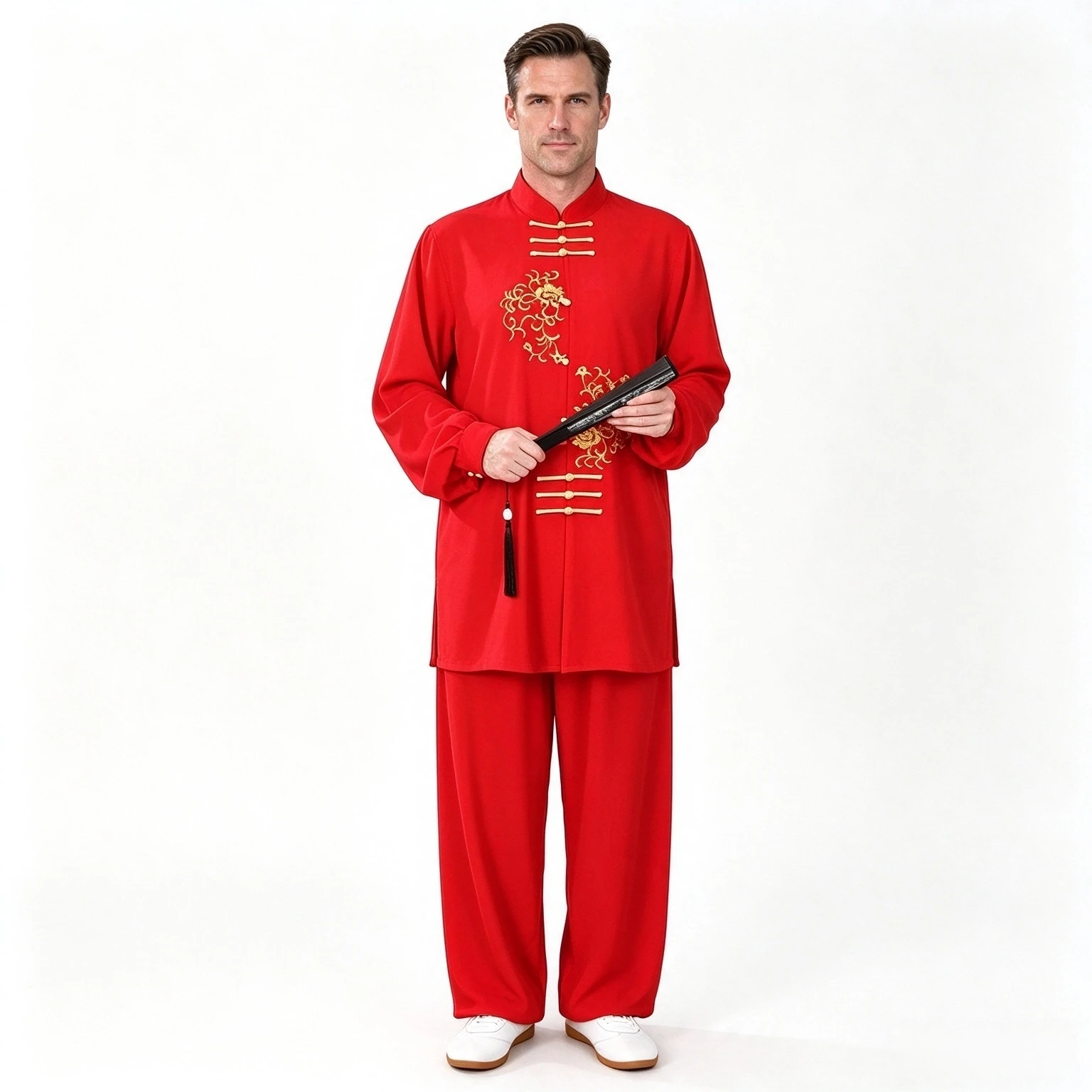 Unisex Kung Fu Uniform Long Sleeve Gold Embroidery Pearl Elastic Cotton Tai Chi Set Top And Pants For Stage Show Daily Practice