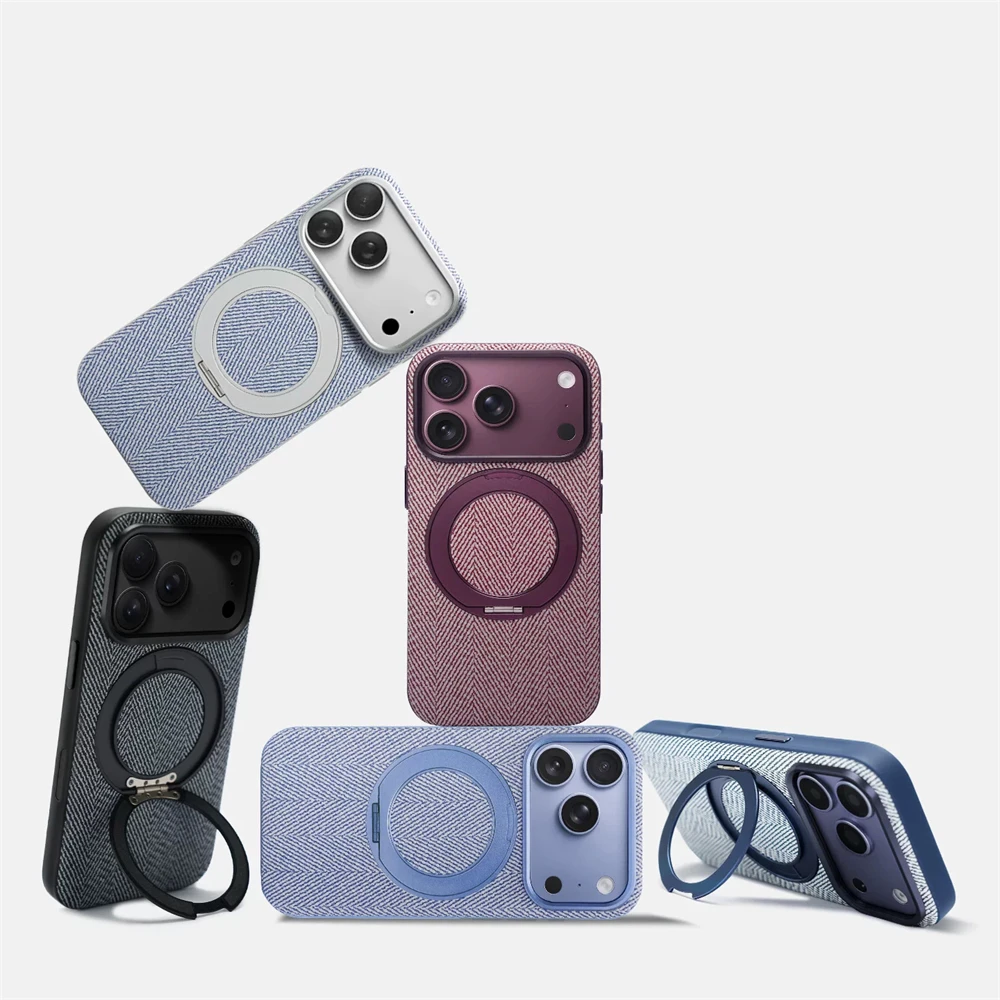 Rotatable Ring Stand Cloth Texture Metal Lens Case For iPhone 18 17 Pro Max 16 15 Pro For Magsafe Magnetic Shockproof Back Cover