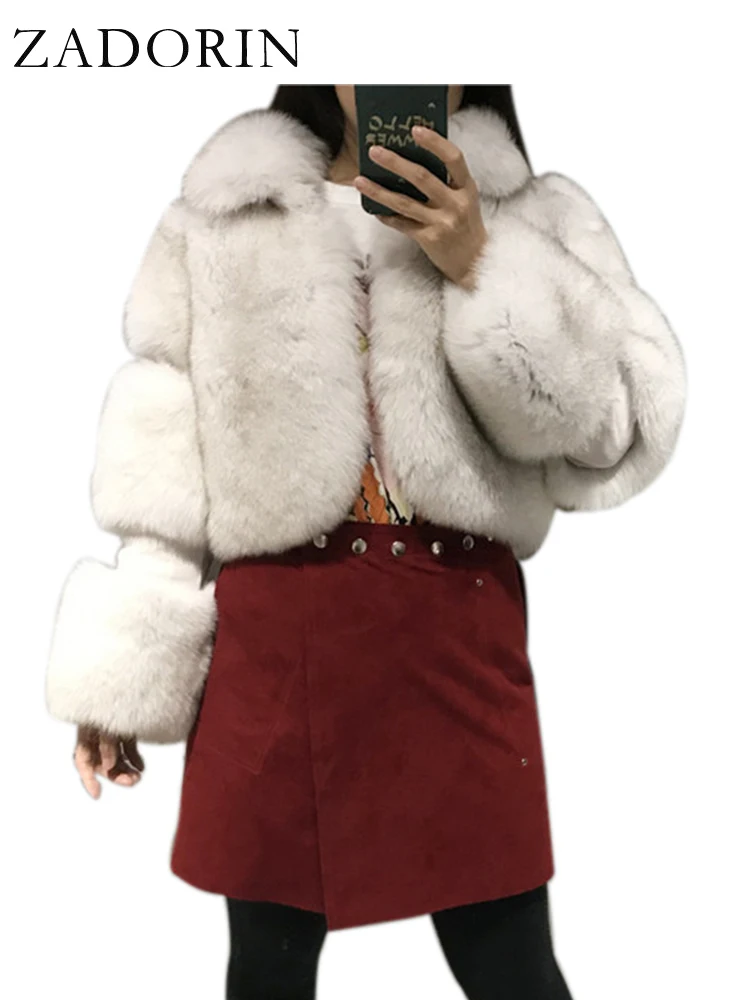 ZADORIN Winter Cropped Jacket Women Turn Down Collar Furry Faux Fox Fur Coat Women Long Sleeve Thick Warm Fluffy Fur Jacket Tops