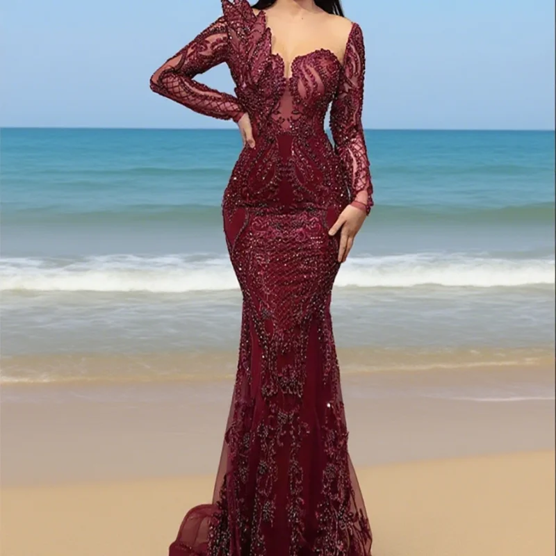 

Mermaid Sheer Neck Prom Dress Long Sleeves Arabic Lace Beaded Evening Dresses Formal Party Gowns Customized